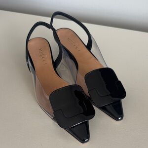 Vero Cuoio Black Patent Pointed Slingback Mules with Clear Sides